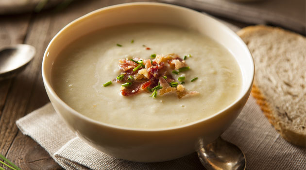 Cheesy bacon-topped potato and leek soup recipe