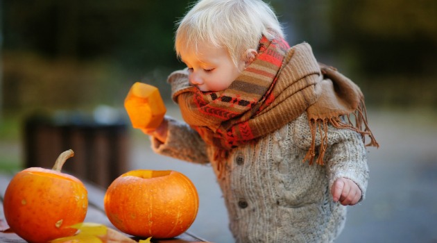 Toddler and pumpkin