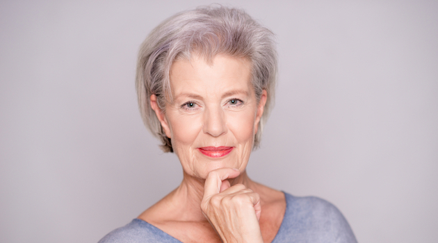 senior woman short grey purple hair