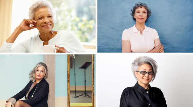 four senior women with different grey hair types